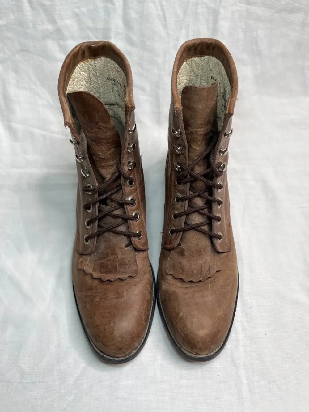 Justin Brown Leather Lace-Up Western Boots Fringe Detail Size 4 D Youth